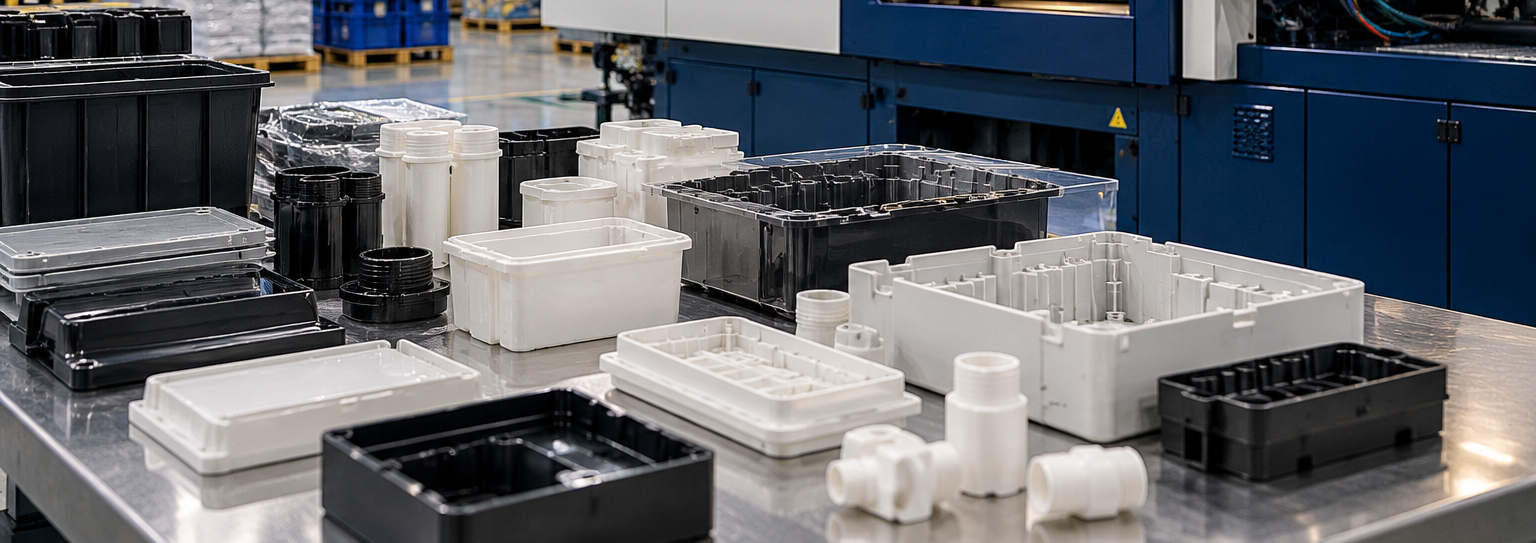 Assorted molded plastic components and containers